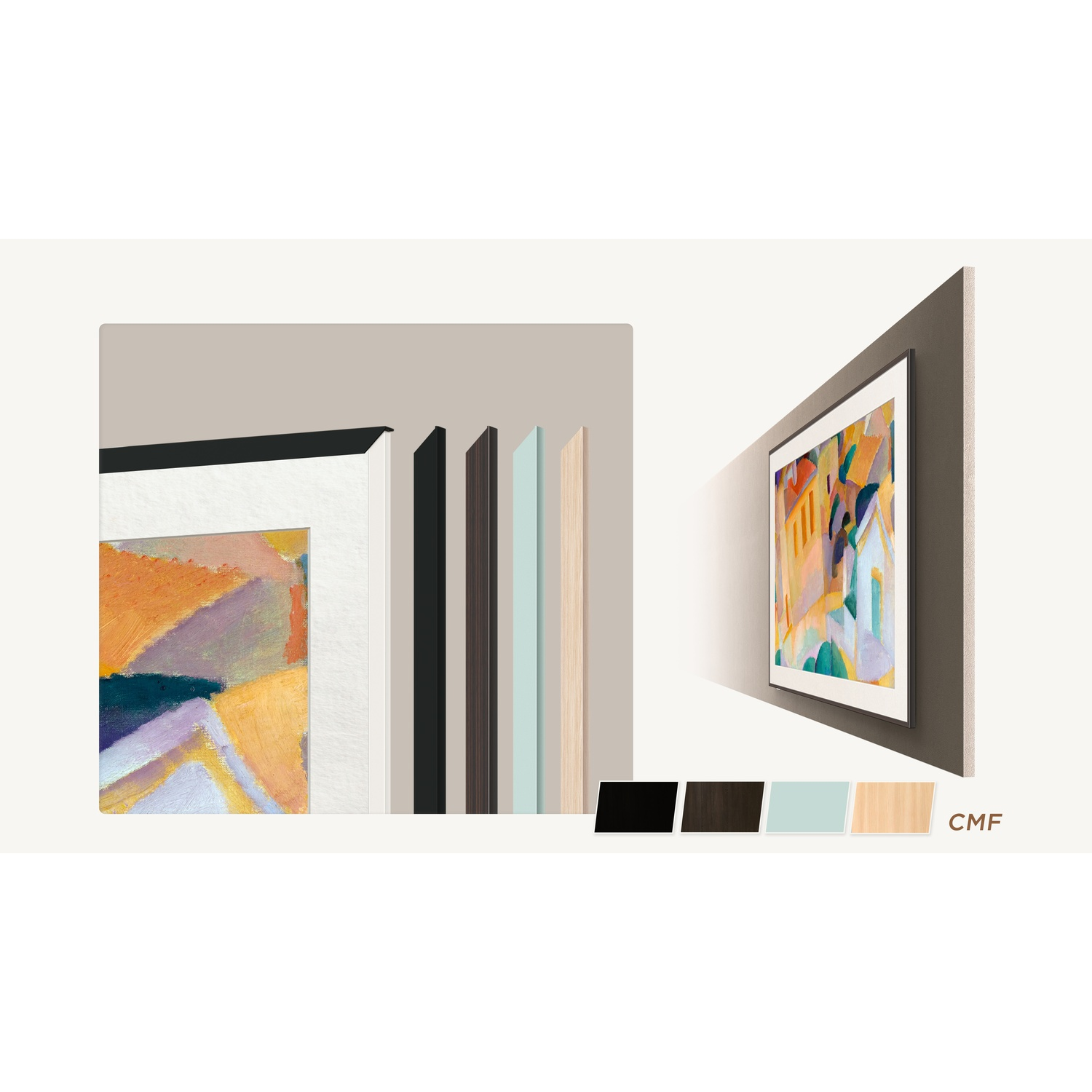 Opere d'arte incorniciate e opzioni di cornice colorate, con opzioni CMF dettagliate. L'opera è esposta.
