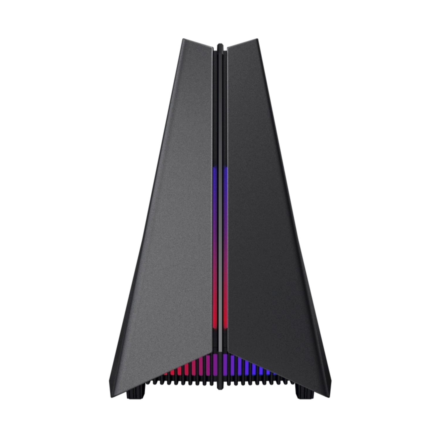 Un case per computer nero con un design triangolare e luci RGB al centro.