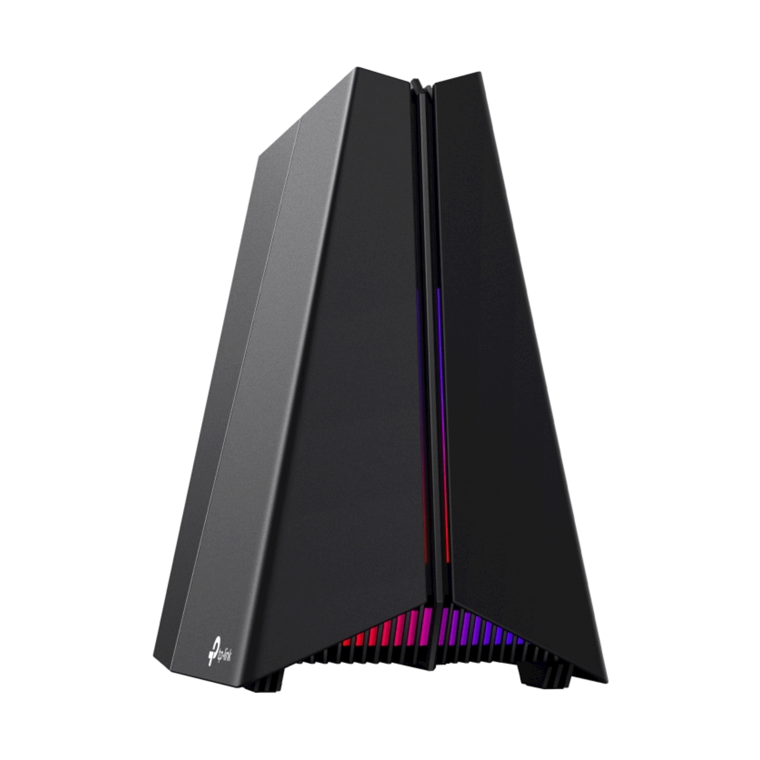 Case PC nero con illuminazione RGB in basso e un design angolare unico.