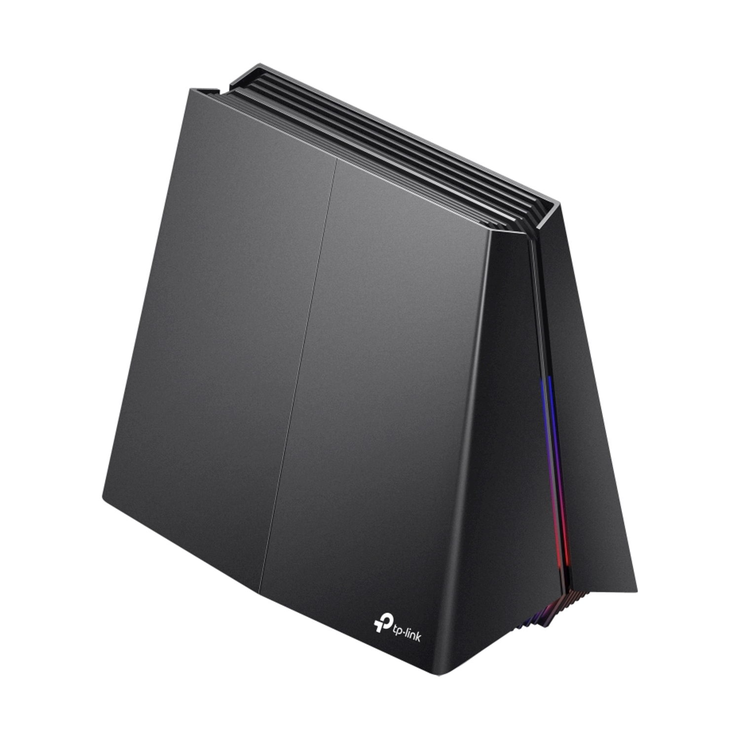 Dispositivo router nero. Ha un design alto e angolare. Il lato ha luci RGB. Sfondo bianco.