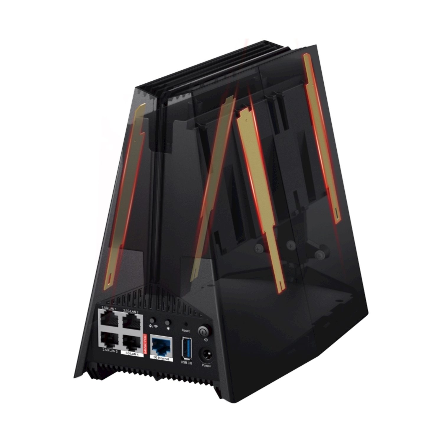 Un router con componenti interni visibili, con porte sul retro. Il design enfatizza il flusso d'aria.
