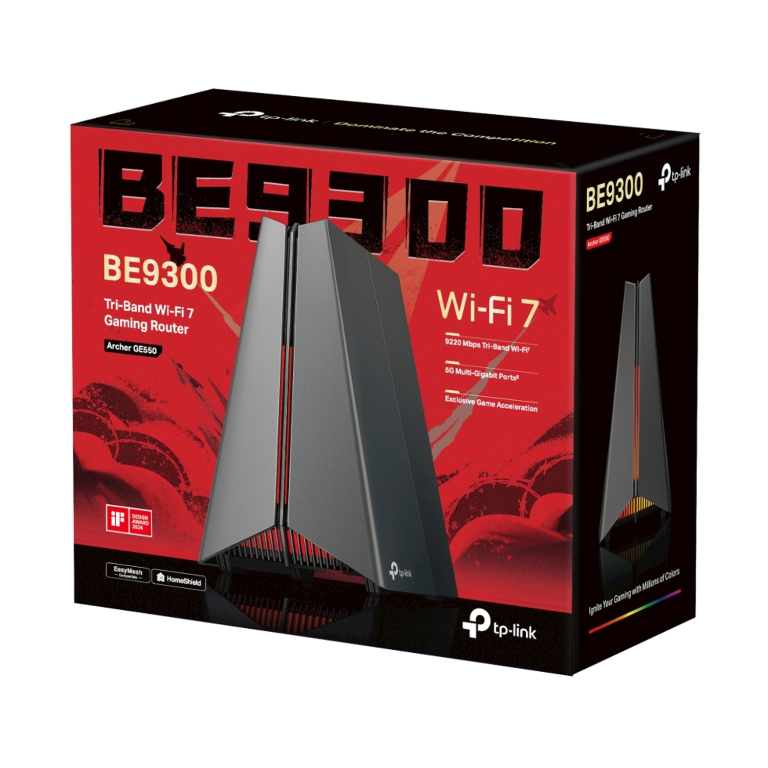Scatola router nera con dettagli rossi. Testo: BE9300, Wi-Fi 7, Archer GE550. Sfondo bianco. Vista angolata.