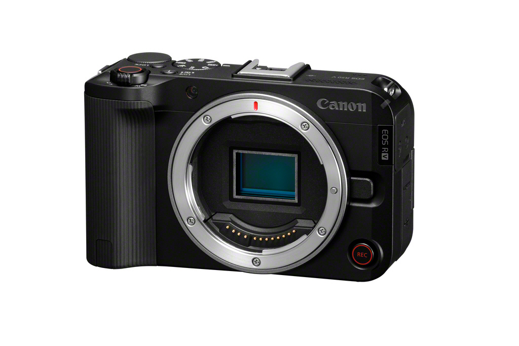 Schwarze Canon EOS R spiegellose Kamera. Vorderansicht, Objektivanschluss.