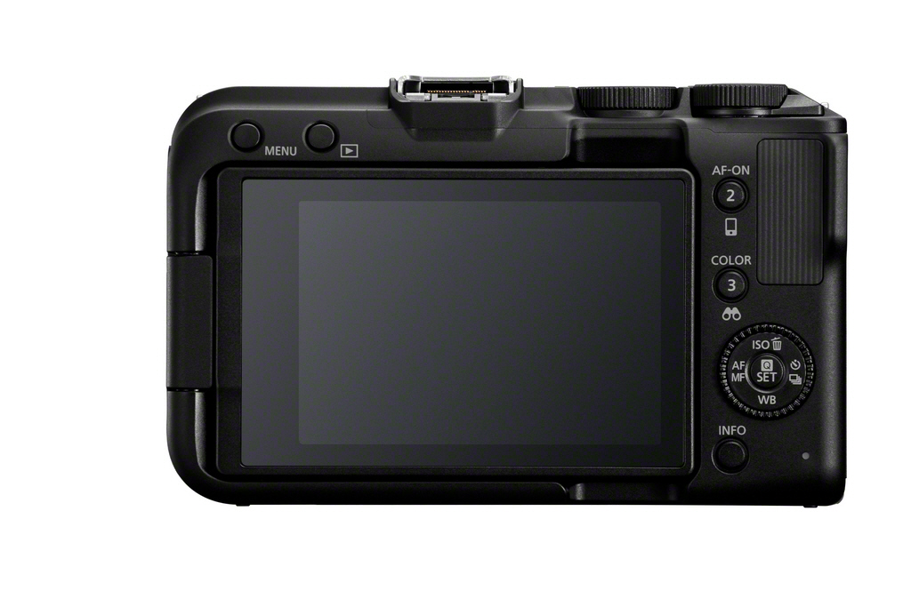 Rückseite einer schwarzen Kamera mit Knöpfen, einem Bildschirm und Sucher auf weißem Hintergrund.