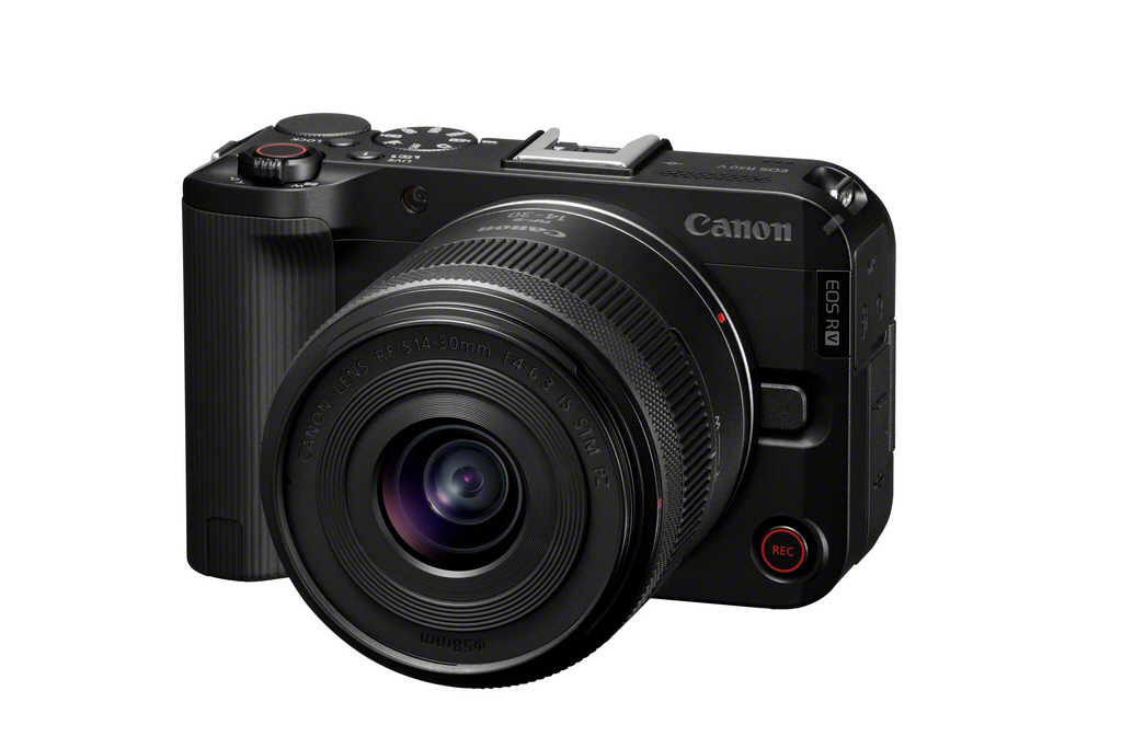 Schwarze Canon EOS R M Kamera mit Objektiv, isoliert auf Weiß.