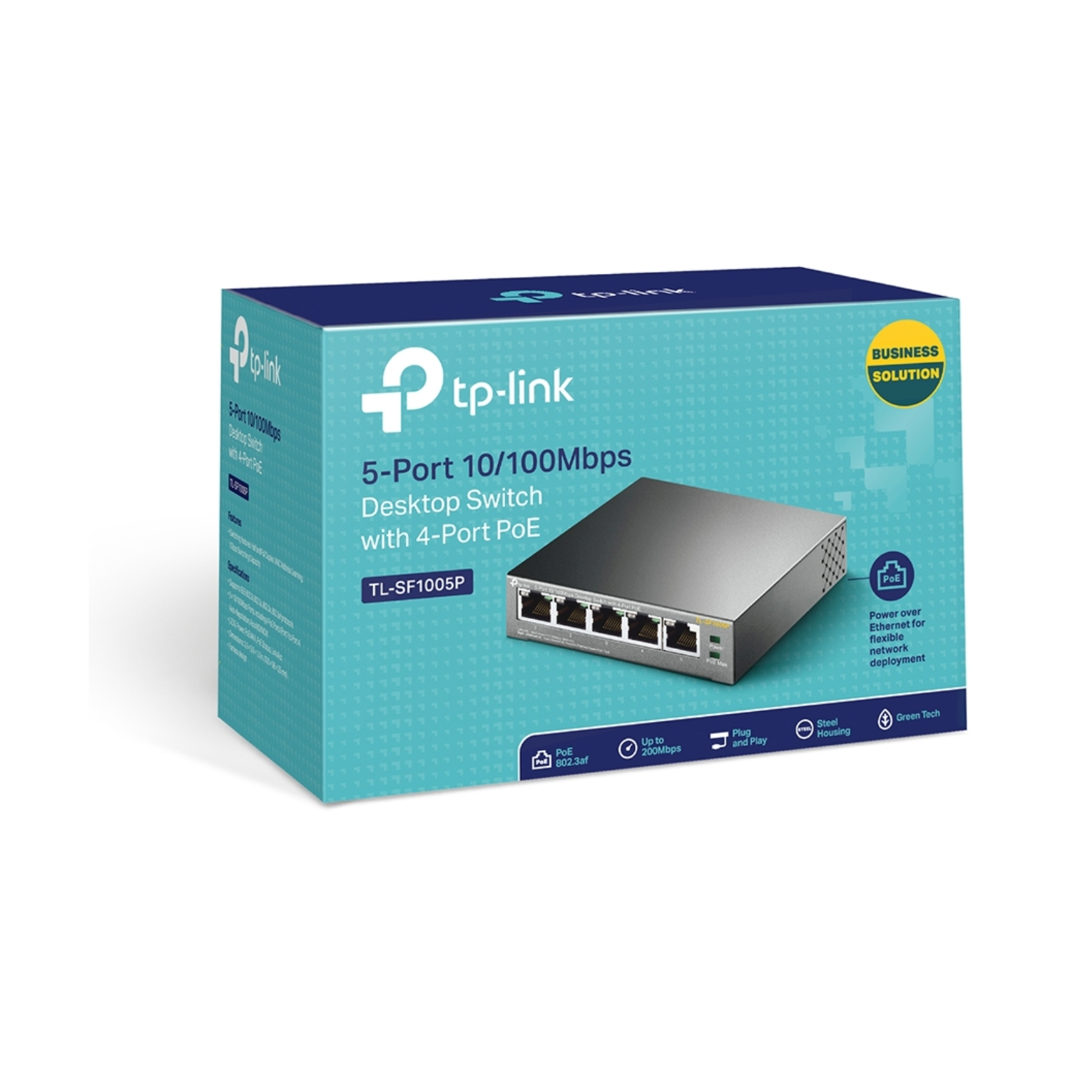 Uno switch desktop TP-Link a 5 porte 10/100 Mbps con 4 porte PoE. È una soluzione aziendale con tecnologia verde.