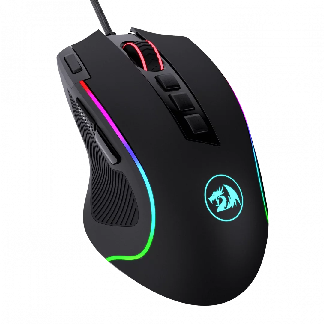 Fekete gamer egér színes fényekkel. Oldalsó gombok és pirosan világító görgő van rajta.
