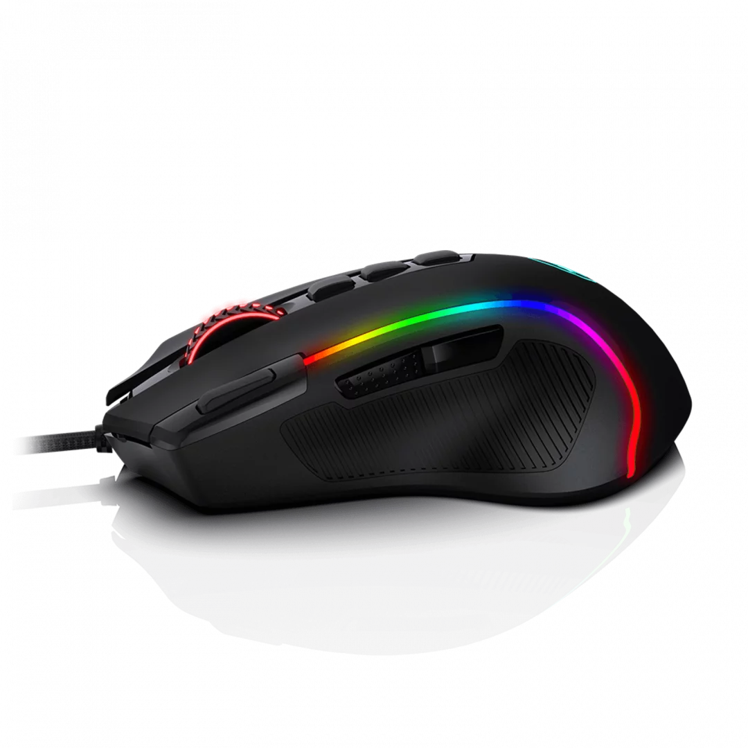 Fekete gamer egér RGB világítással, színes fényeket mutat fekete háttéren.