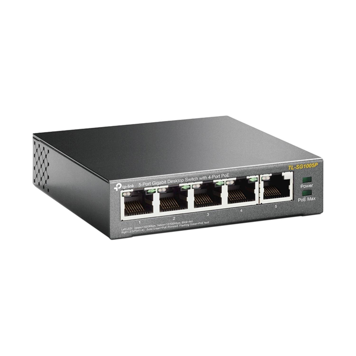 Switch di rete TP-Link nero con 5 porte e PoE.