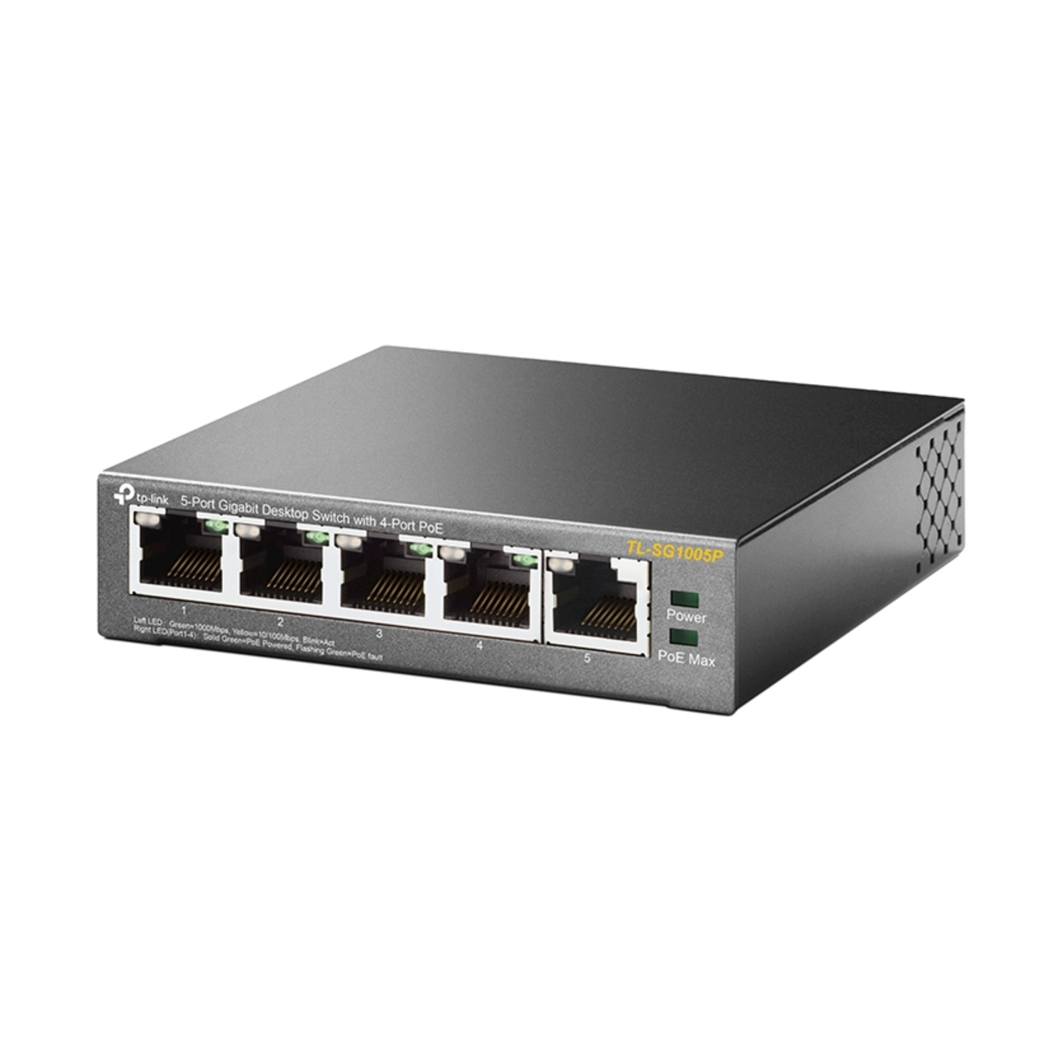 Switch di rete nero con cinque porte. L'etichetta recita 'TL-SG1005P'.