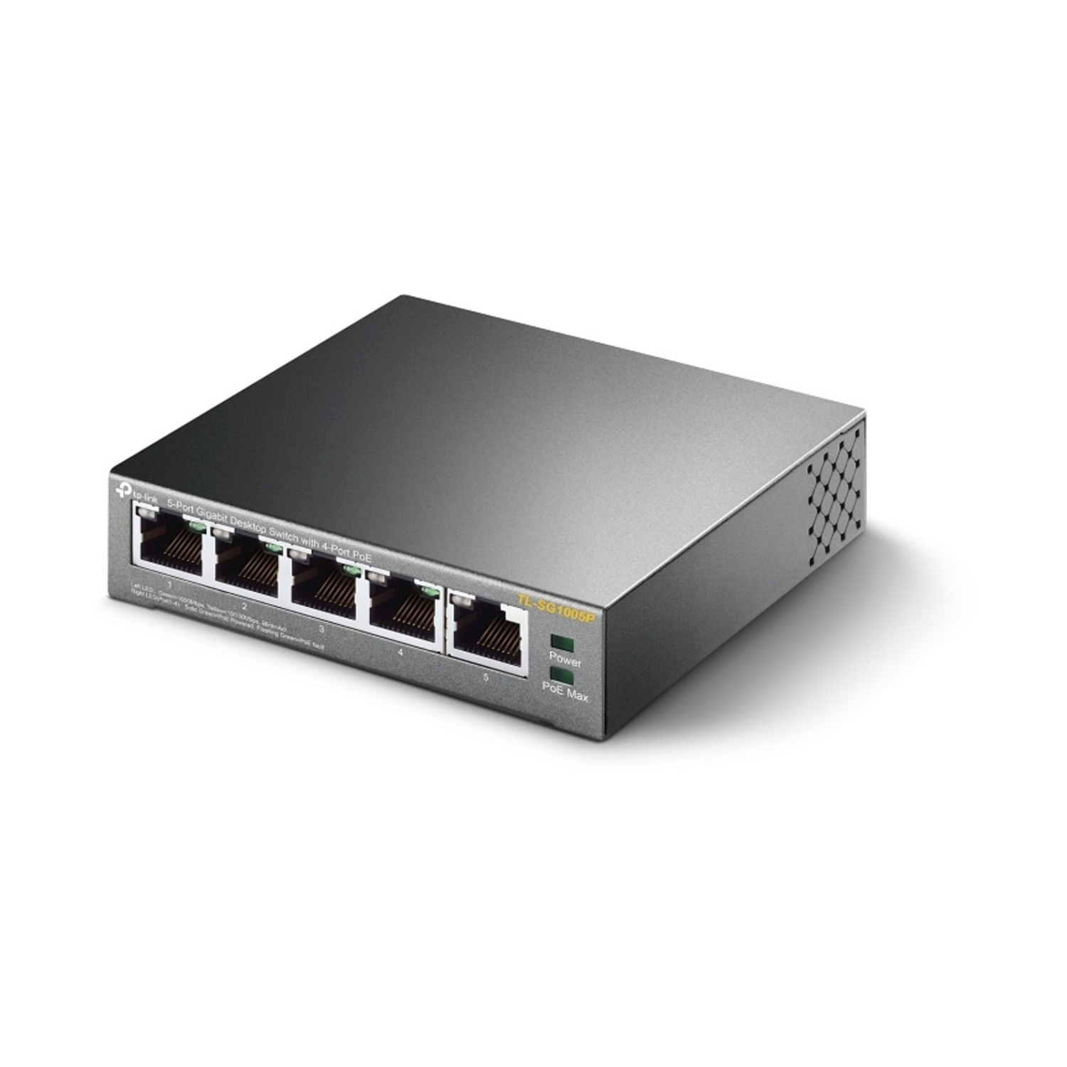 Uno switch desktop a 5 porte con porte, LED di alimentazione e il marchio TP-Link. È un rettangolo grigio.