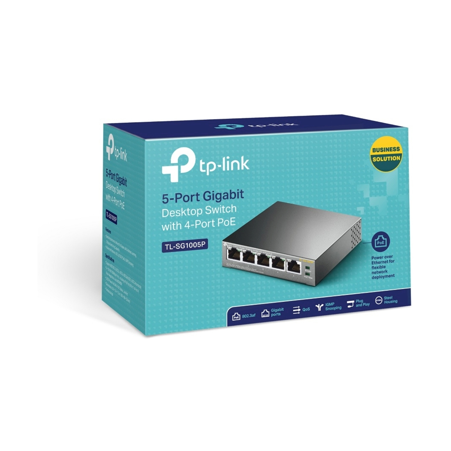 Una scatola di uno switch desktop Gigabit a 5 porte tp-link con 4 porte PoE.