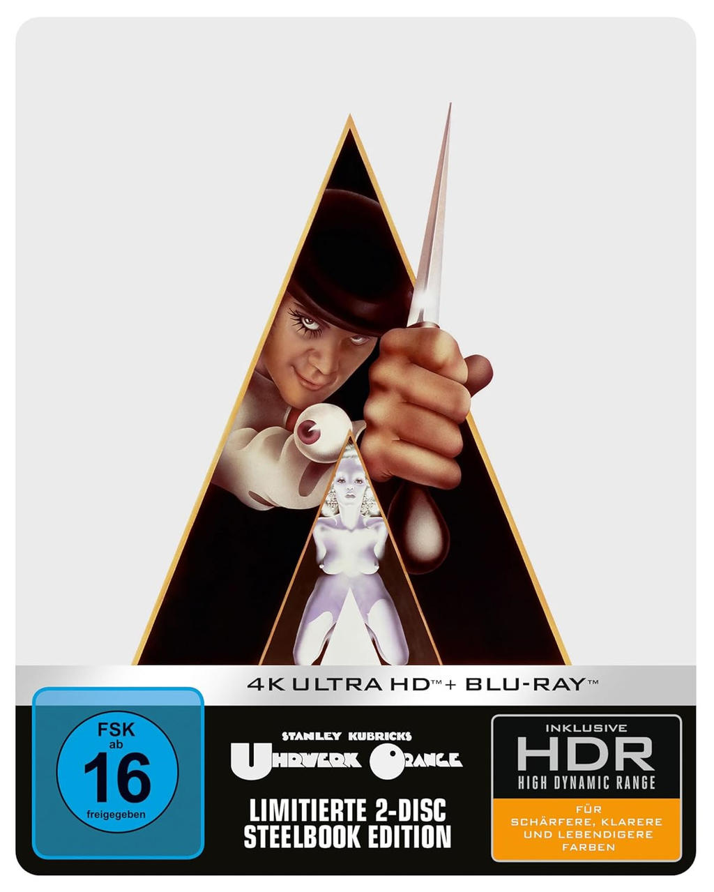 Blu-ray-Cover. A Clockwork Orange Thema. Ein Mann mit Augenmaske hält ein Messer. Weißer Hintergrund.