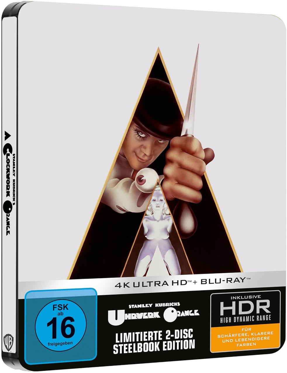 Eine Blu-ray-Hülle für 'A Clockwork Orange' mit Artwork, das die Charaktere des Films zeigt.