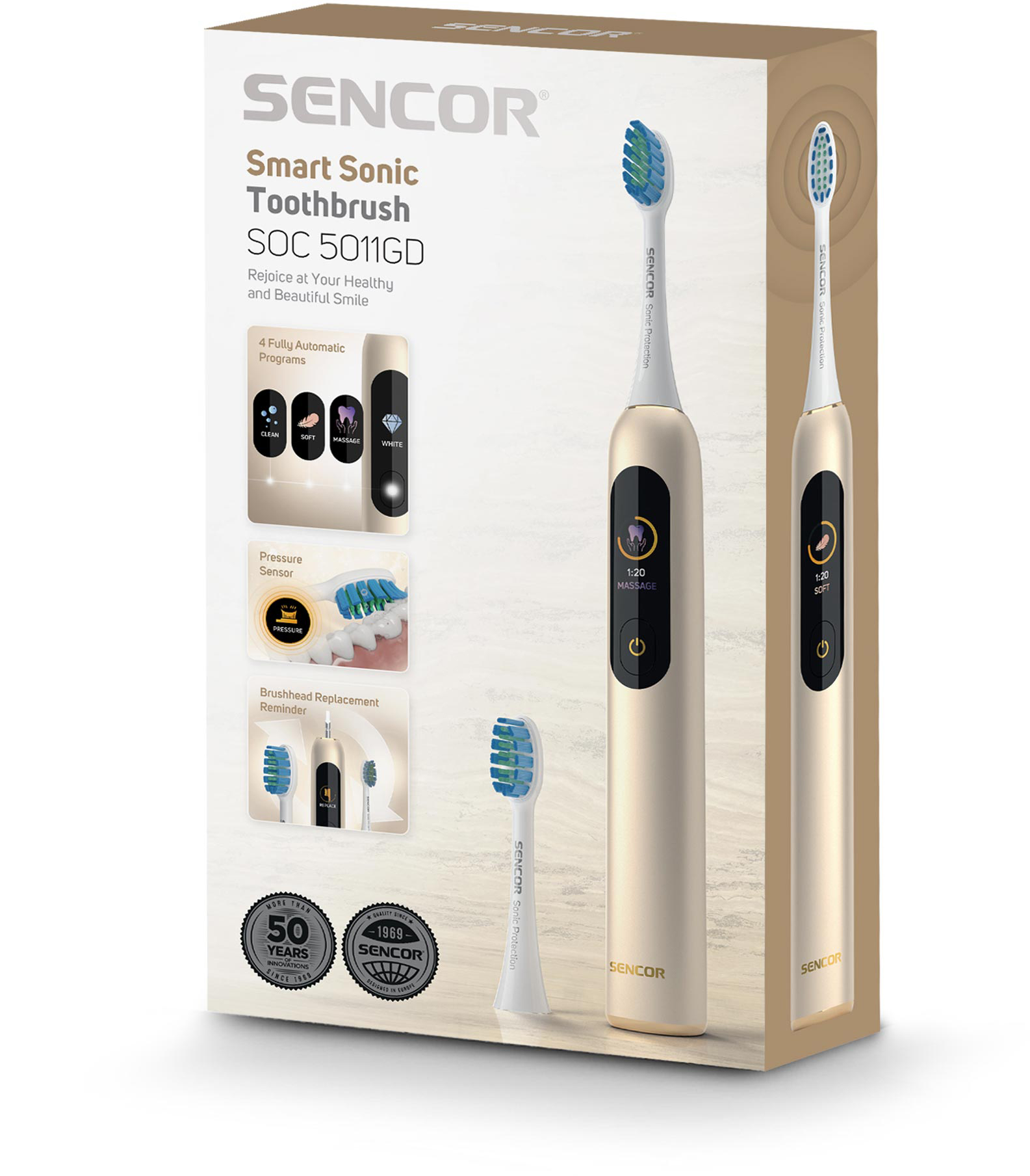 Arany Smart Sonic fogkefe tartozékokkal és csomagolási információkkal.