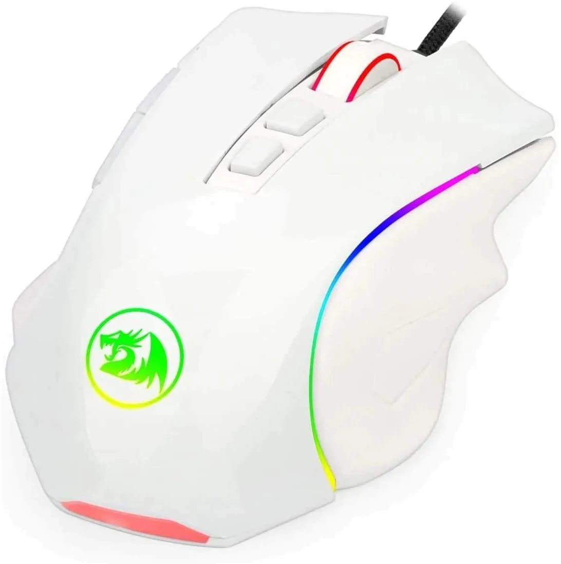 Fehér gamer egér RGB világítással. Zöld sárkány logóval és piros akcentussal a görgőn.