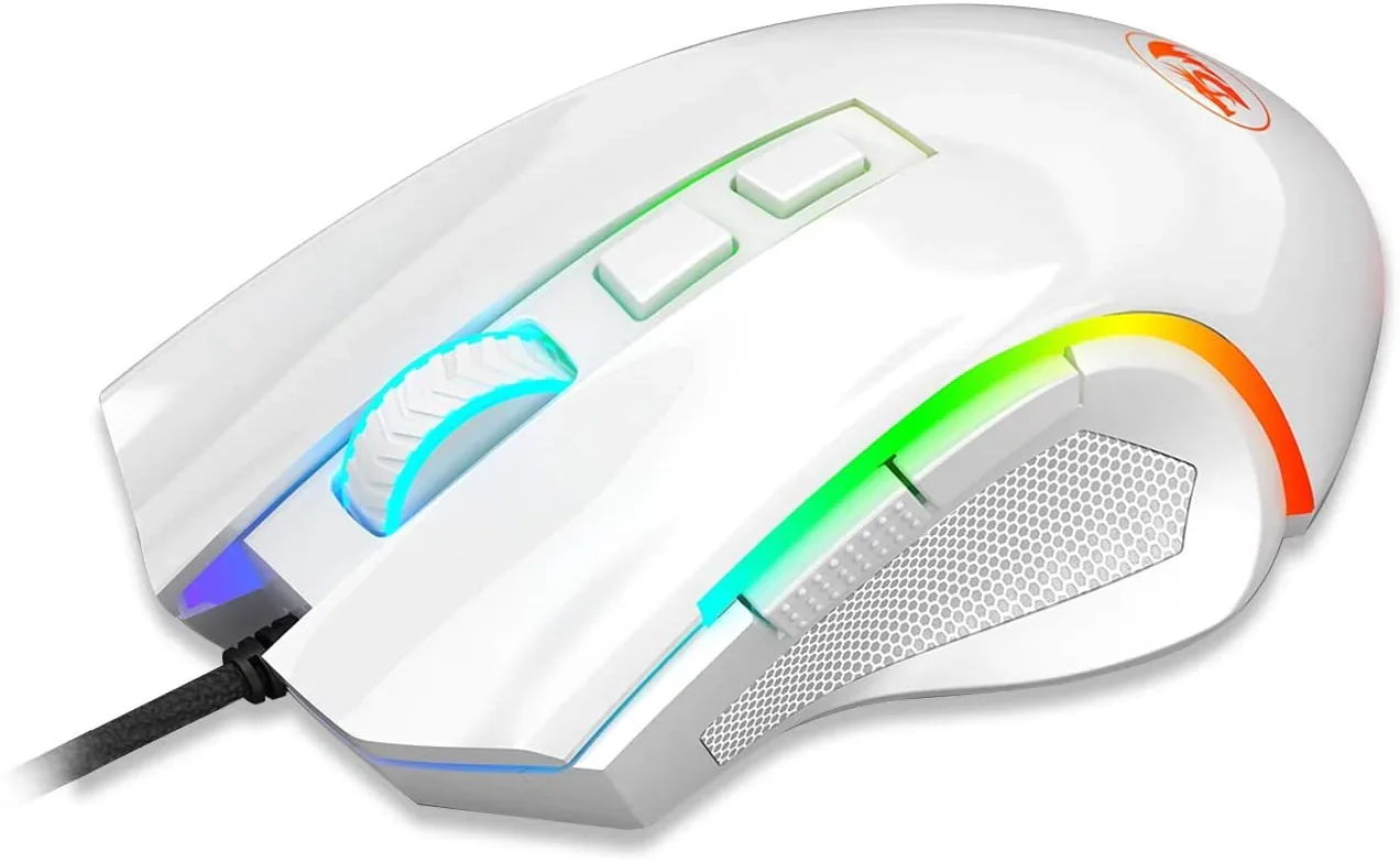 Fehér gamer egér színváltós LED-ekkel és fonott kábellel.