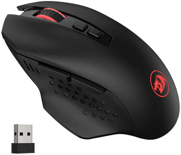 Fekete gamer egér piros részletekkel és USB vevővel.