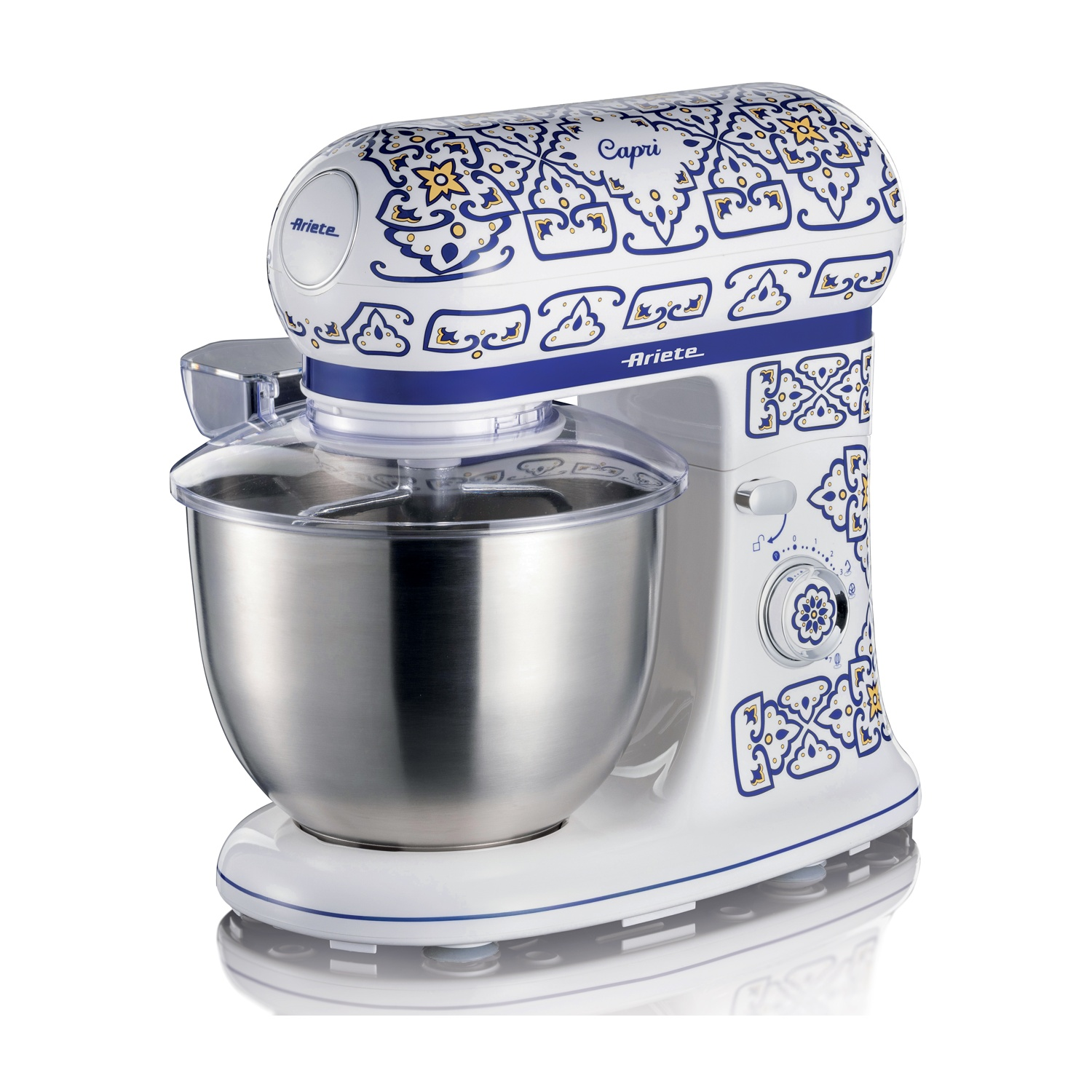 Impastatrice Ariete Capri bianca e blu. Ciotola in acciaio inox, protezione trasparente, sfondo bianco.
