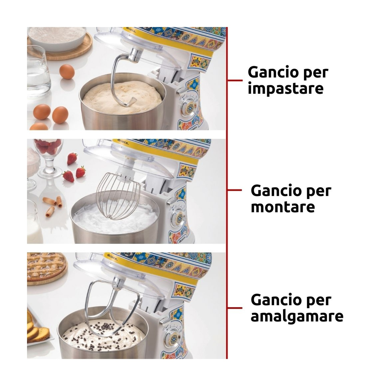 Un mixer da cucina con tre accessori per diverse funzioni.