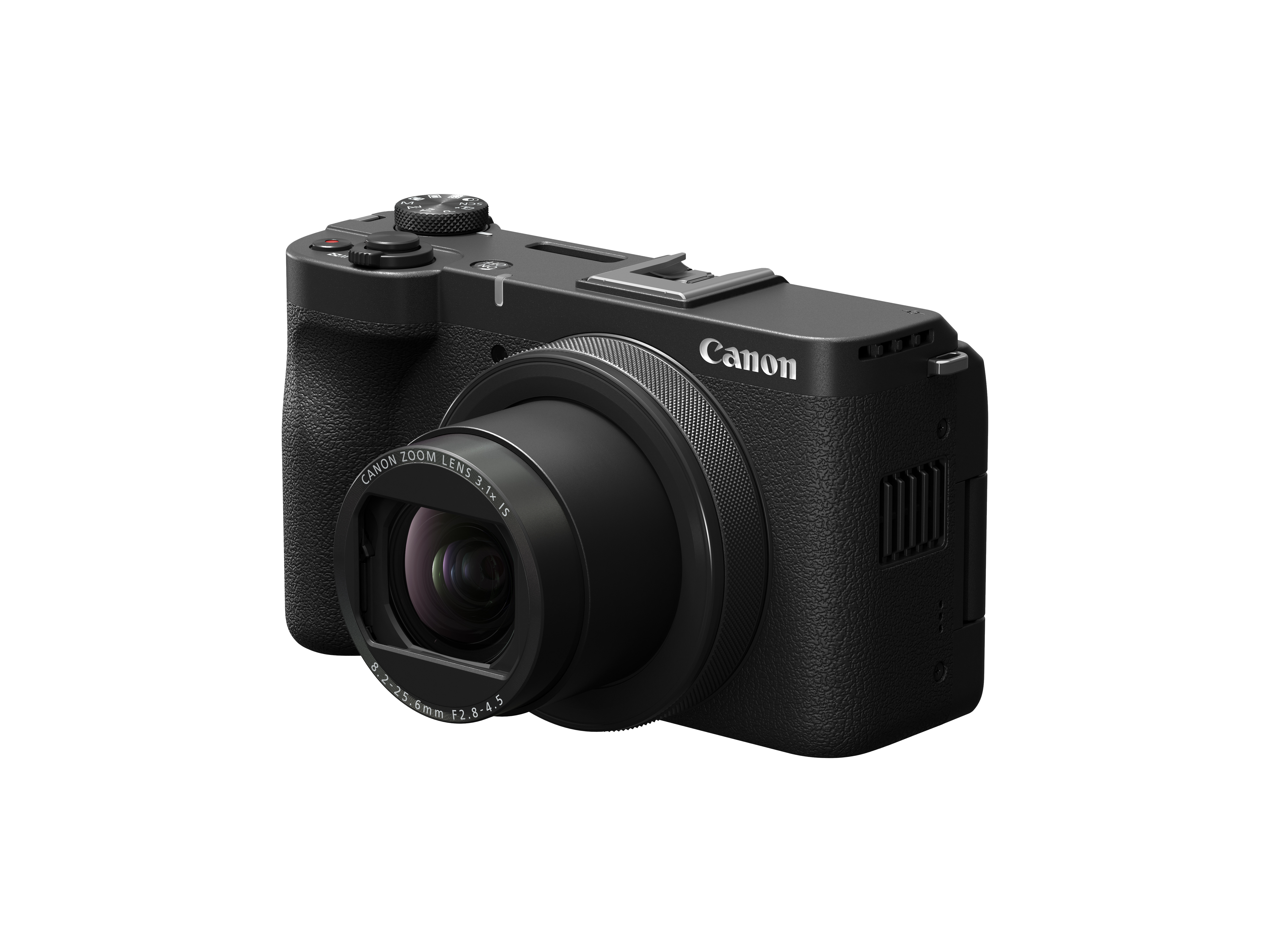 Eine schwarze Canon-Kamera, abgewinkelt, vor weißem Hintergrund. Das Objektiv ist prominent, mit dem Canon-Logo.