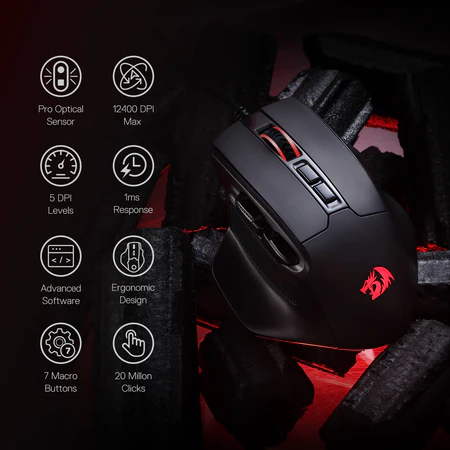 Fekete gamer egér piros díszítésekkel és feliratokkal, mint a DPI, érzékelő és gombok.