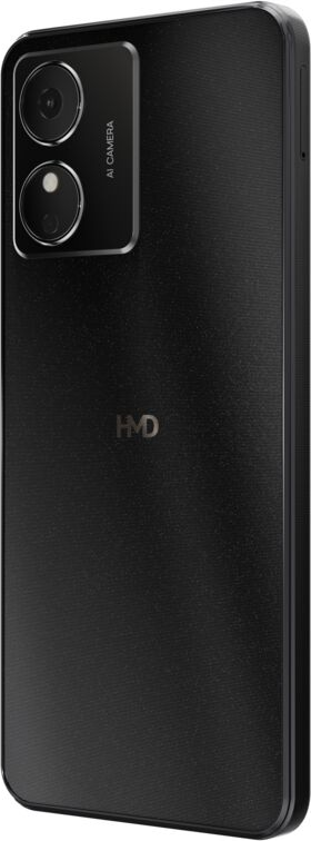 Schwarzes Smartphone, Dual-Kamera, HMD-Logo. Telefon angewinkelt, Seitenmerkmale zeigend.