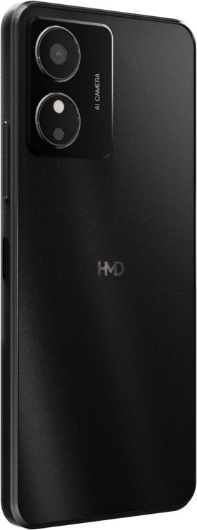 Schwarzes Smartphone mit zwei Kameras und HMD-Logo. Die Rückseite hat eine strukturierte Oberfläche.