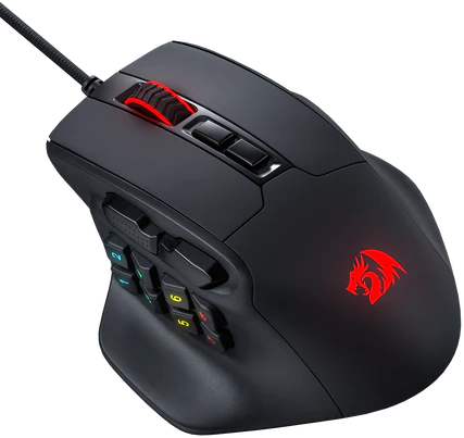 Fekete és piros gamer egér, több gombbal.
