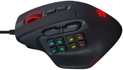 Fekete gamer egér piros részletekkel, számgombok. Gombok és görgő látható. Vezetékes.