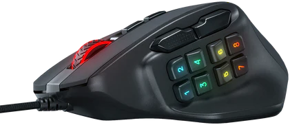 Fekete gaming egér. Több gombbal, köztük egy számbillentyűzettel az oldalon.