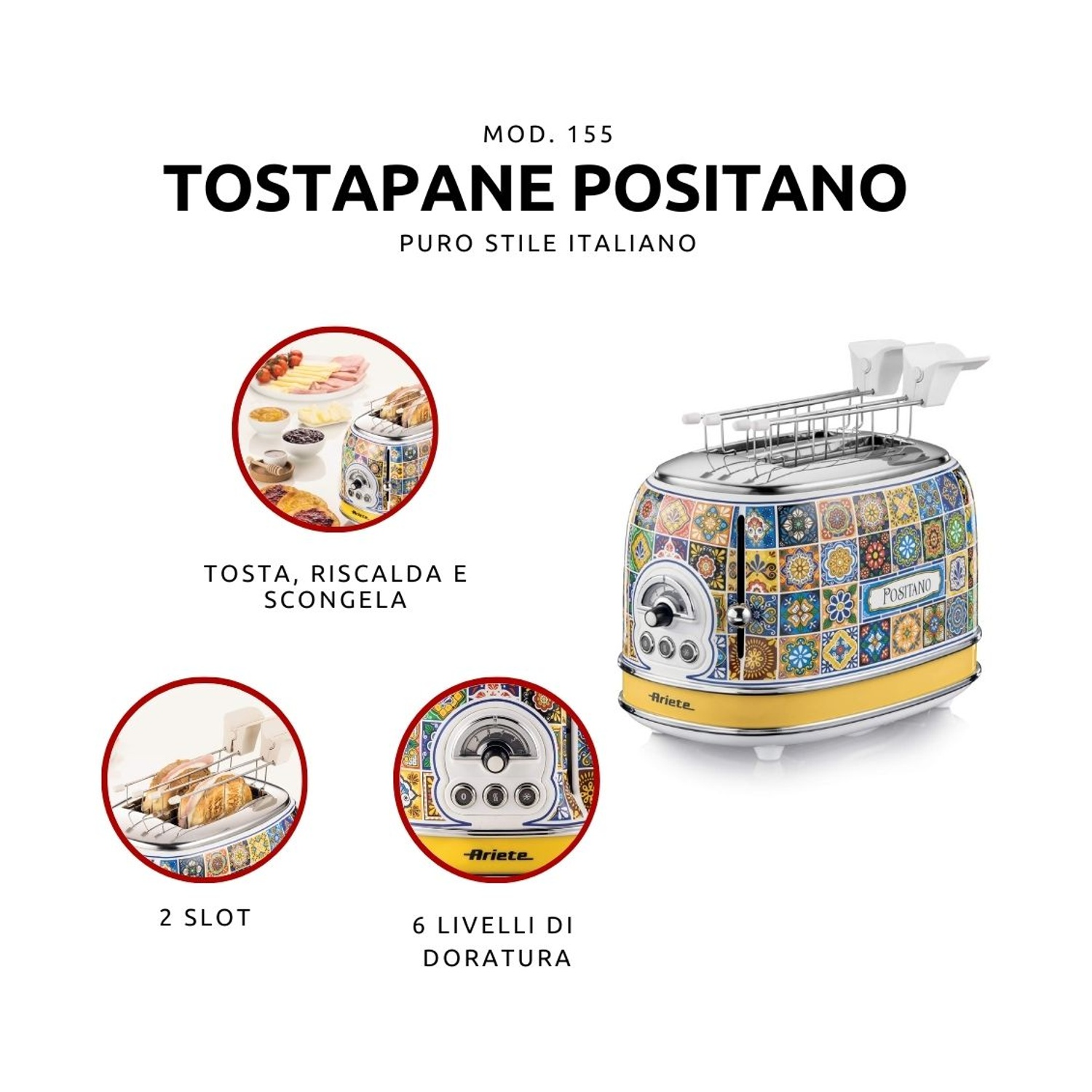 Tostapane colorato con design in stile italiano, che mostra viste frontali, laterali e superiori con dettagli.
