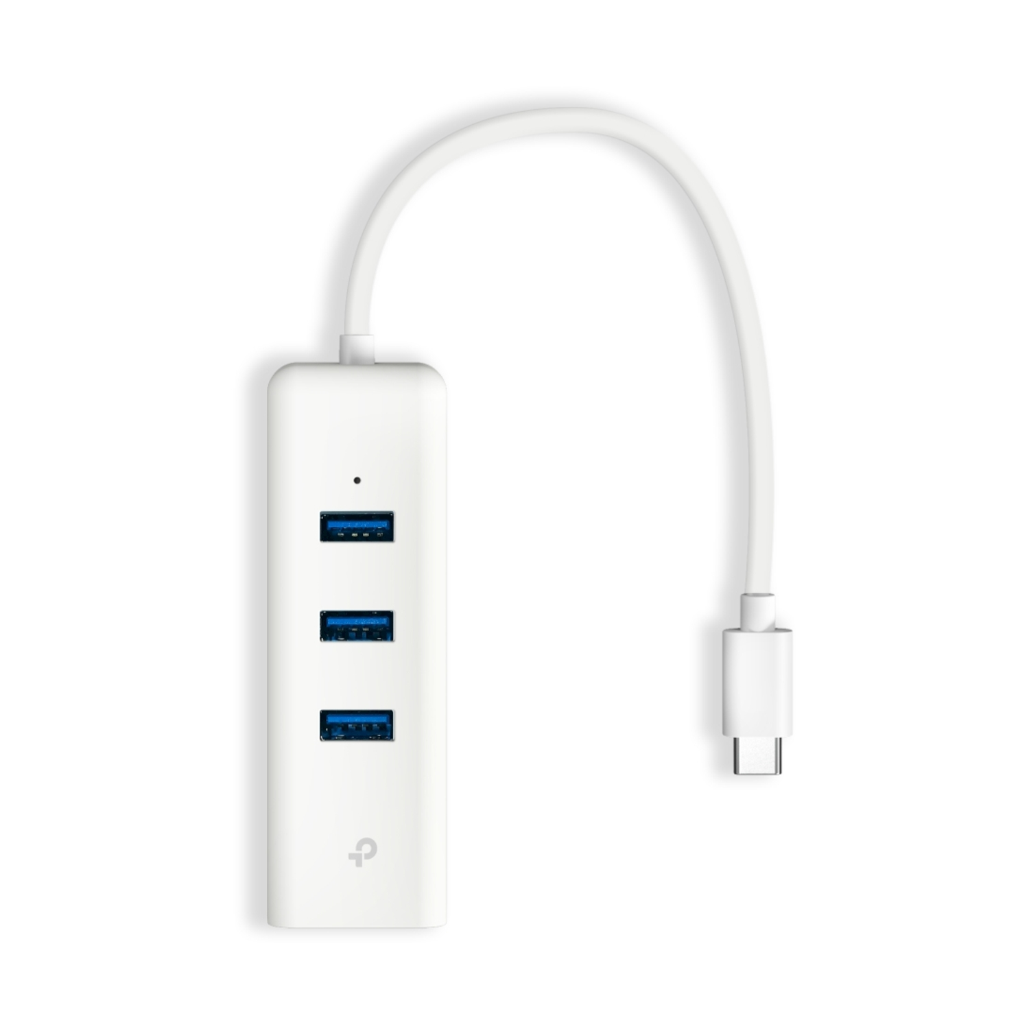 Hub USB bianco con tre porte USB blu e un cavo bianco terminante con un connettore USB-C.
