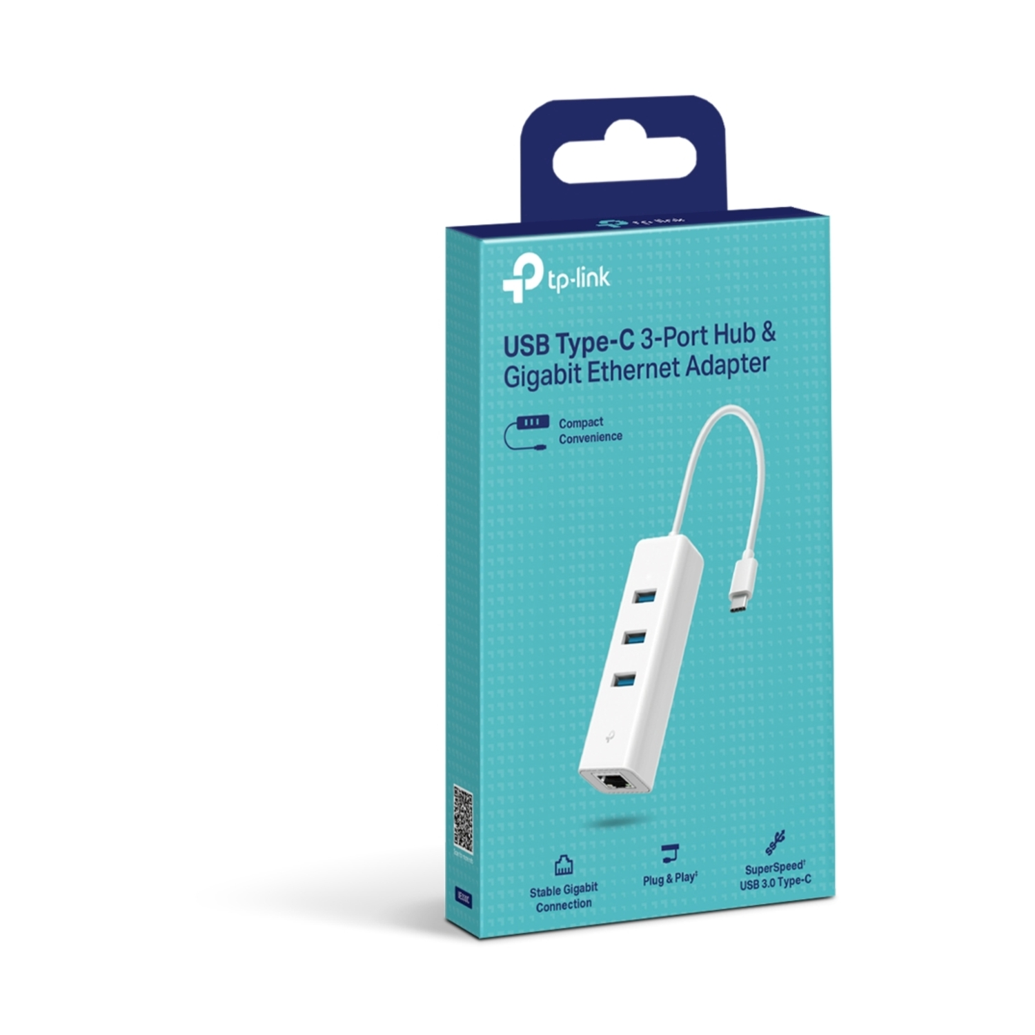 Scatola blu e bianca con un hub USB-C bianco.