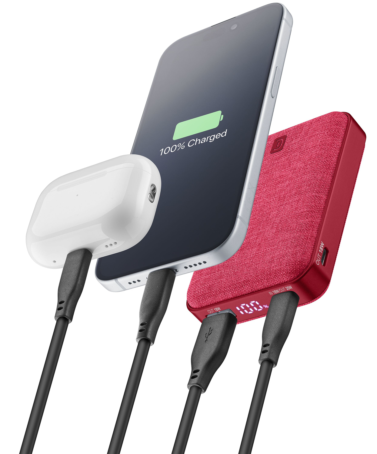 Tres dispositivos cargando: teléfono, banco de energía y auriculares. Todos conectados por cables negros.