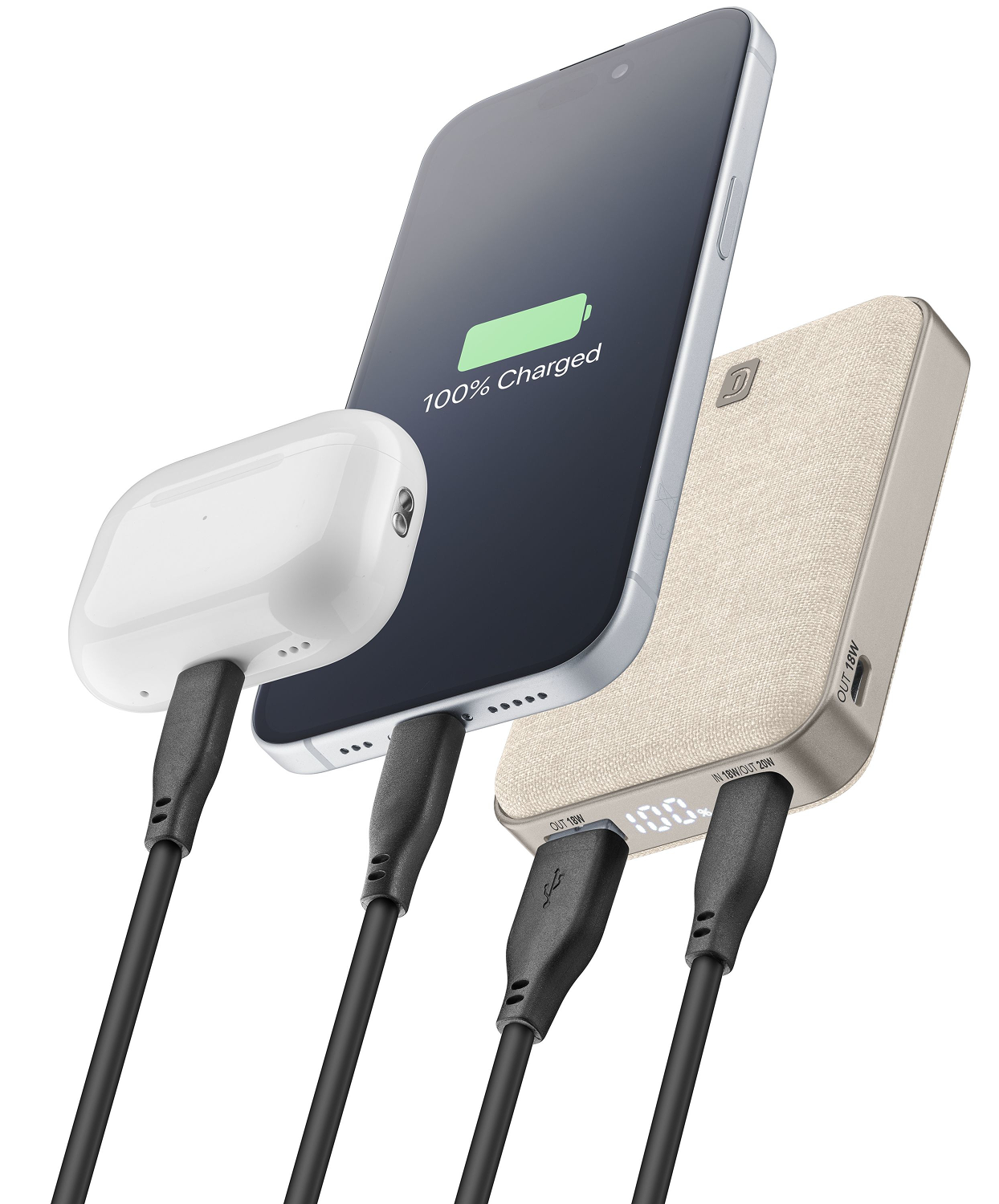 Un teléfono, auriculares inalámbricos y un banco de energía cargando, todos conectados con cables negros.