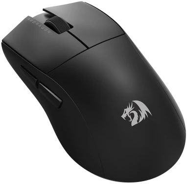 Fekete gaming egér görgetőkerékkel és oldalsó gombokkal, Redragon logó.