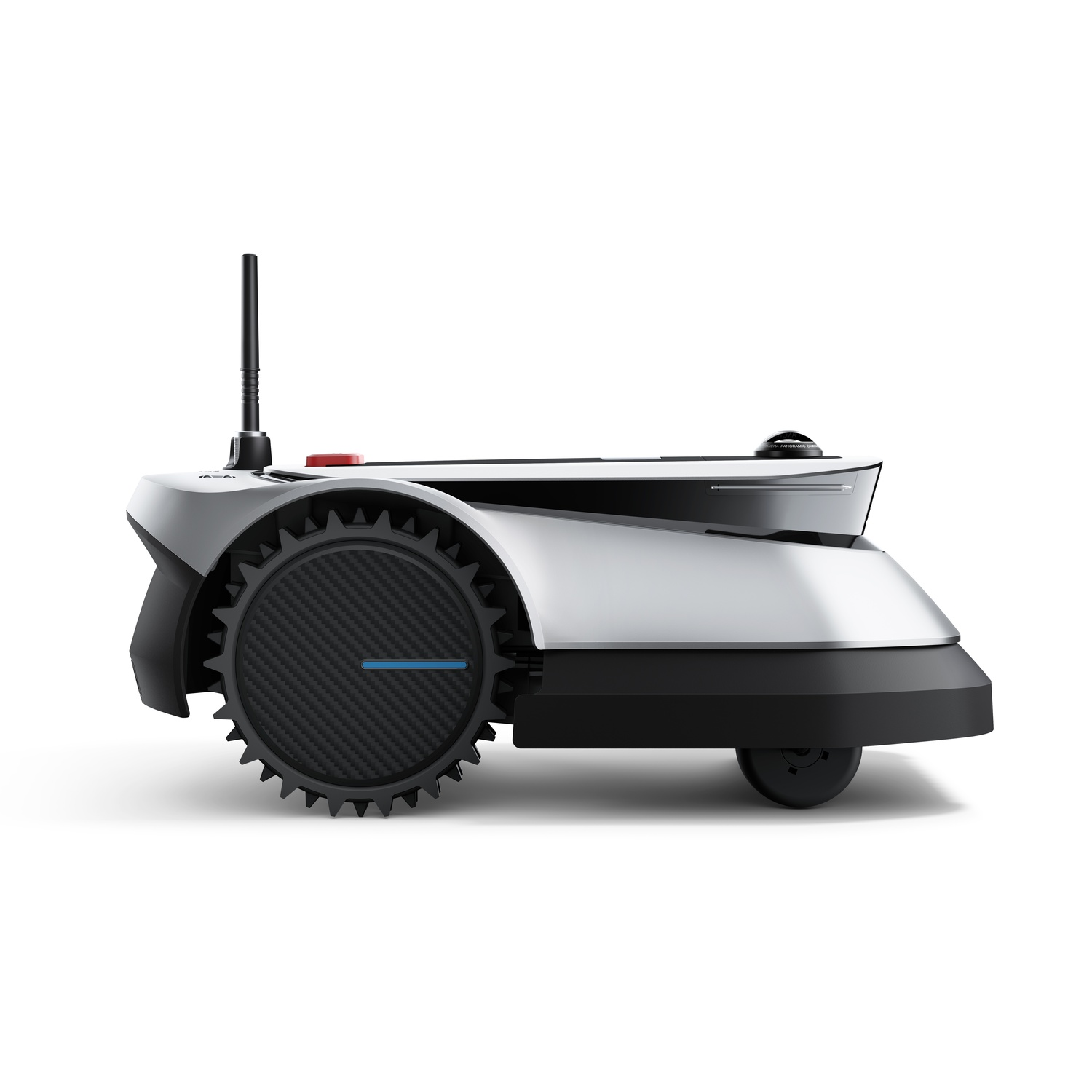 Een witte en zilveren robot met een zwart wiel en een rode knop. Hij heeft een zwarte antenne en een blauwe streep.