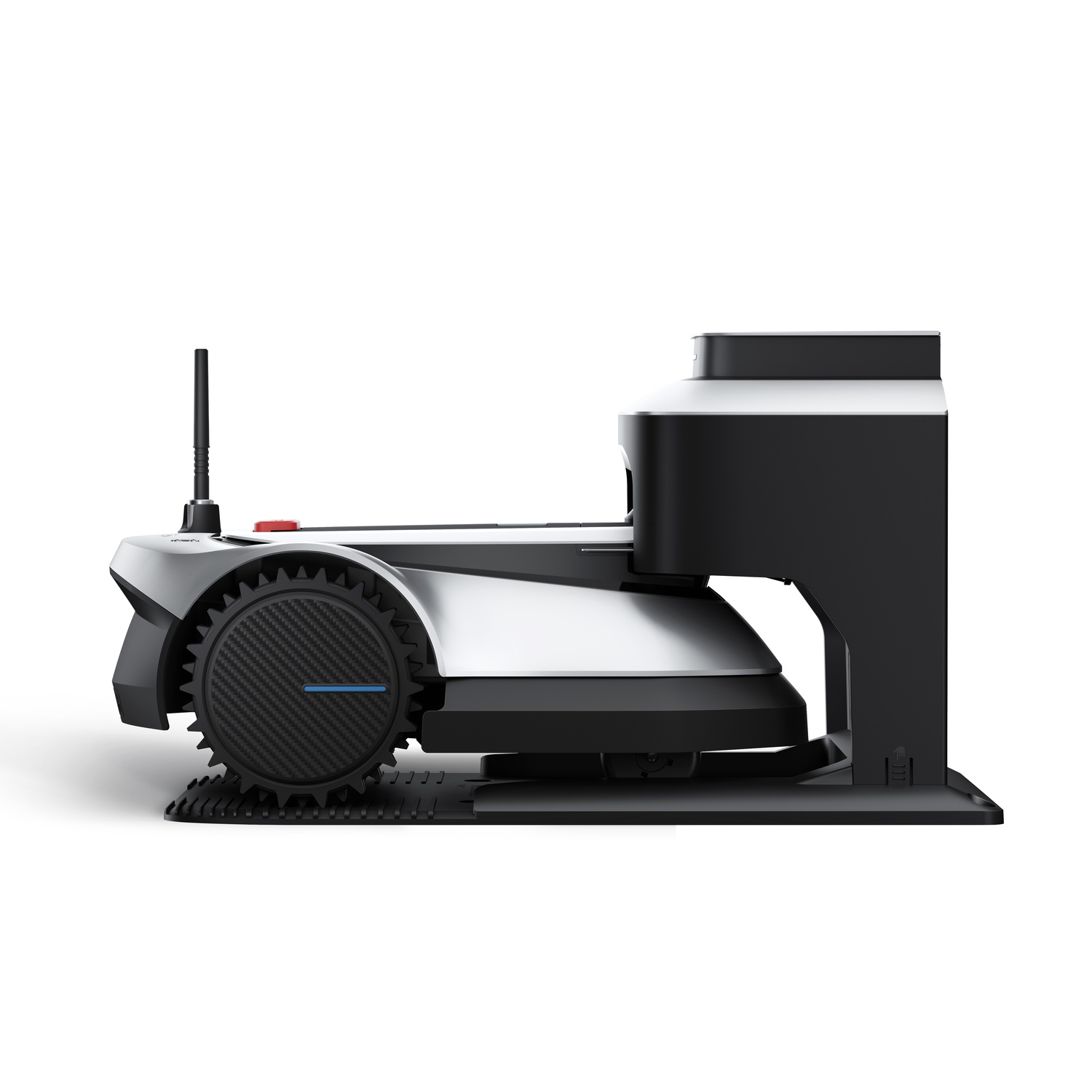 Een robotmaaier, zijaanzicht, zwart en zilver met antenne.