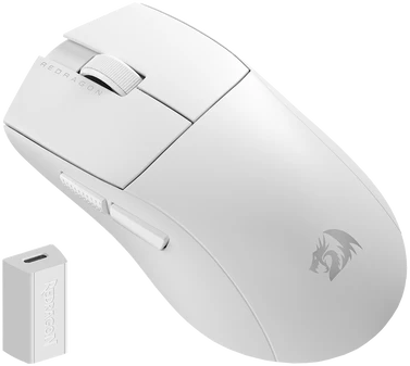 Fehér gamer egér piros részletekkel és USB vevővel.