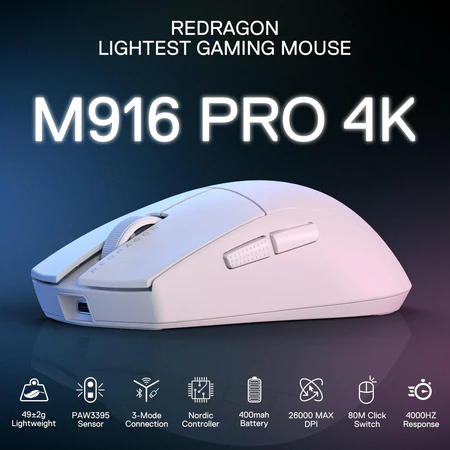 Fehér gamer egér fekete díszítéssel, a szöveg a következőt írja: 'REDDRAGON LIGHTEST GAMING MOUSE' és 'M916 PRO 4K'.
