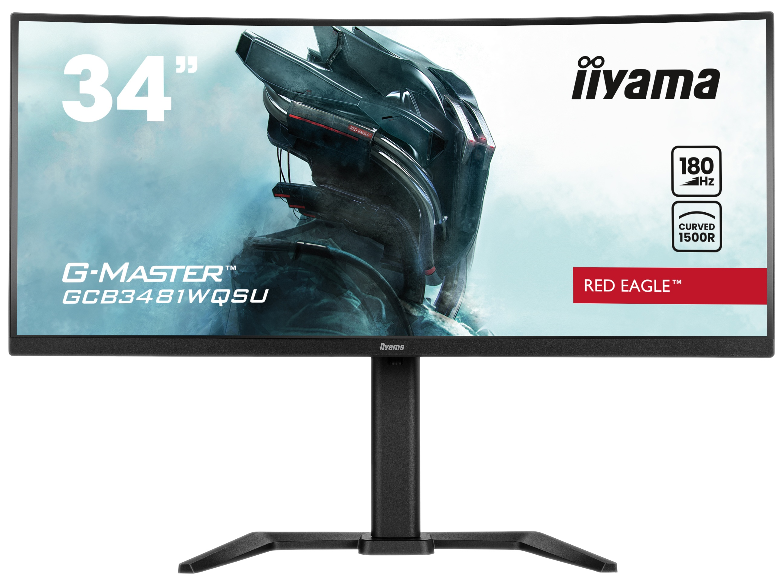 Zakrzywiony monitor komputerowy, czarny stojak, logo czerwonego orła, niebieskie niebo w tle.