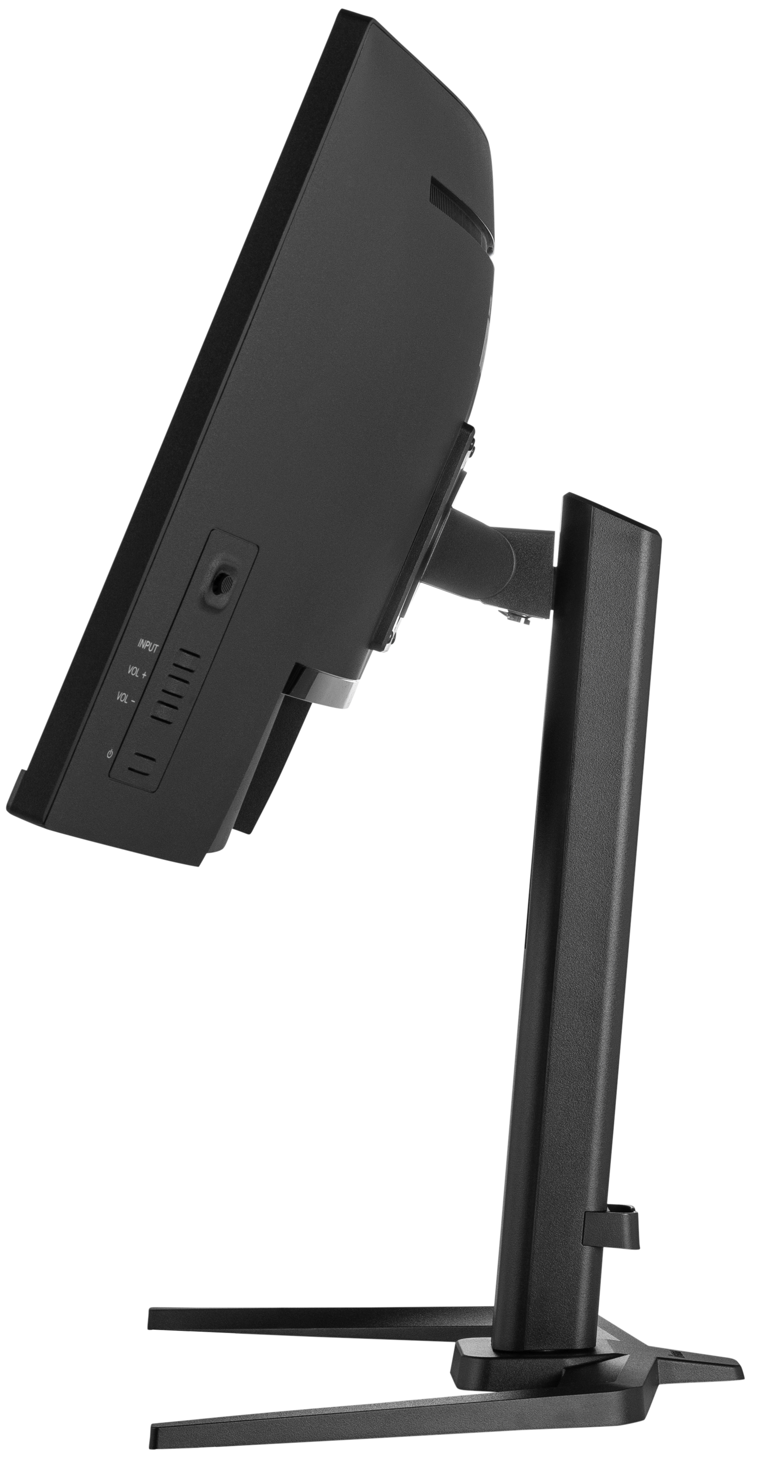 Widok z boku czarnego monitora ze stojakiem, pochylonego pod kątem.