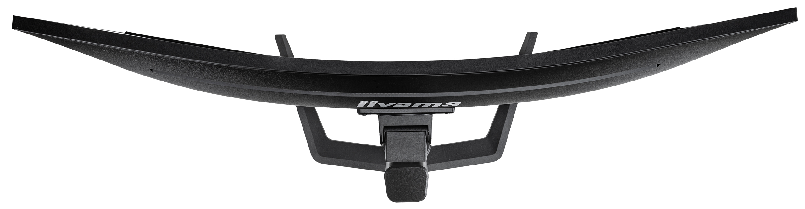 Widok z góry na zakrzywiony czarny monitor komputera ze stojakiem.