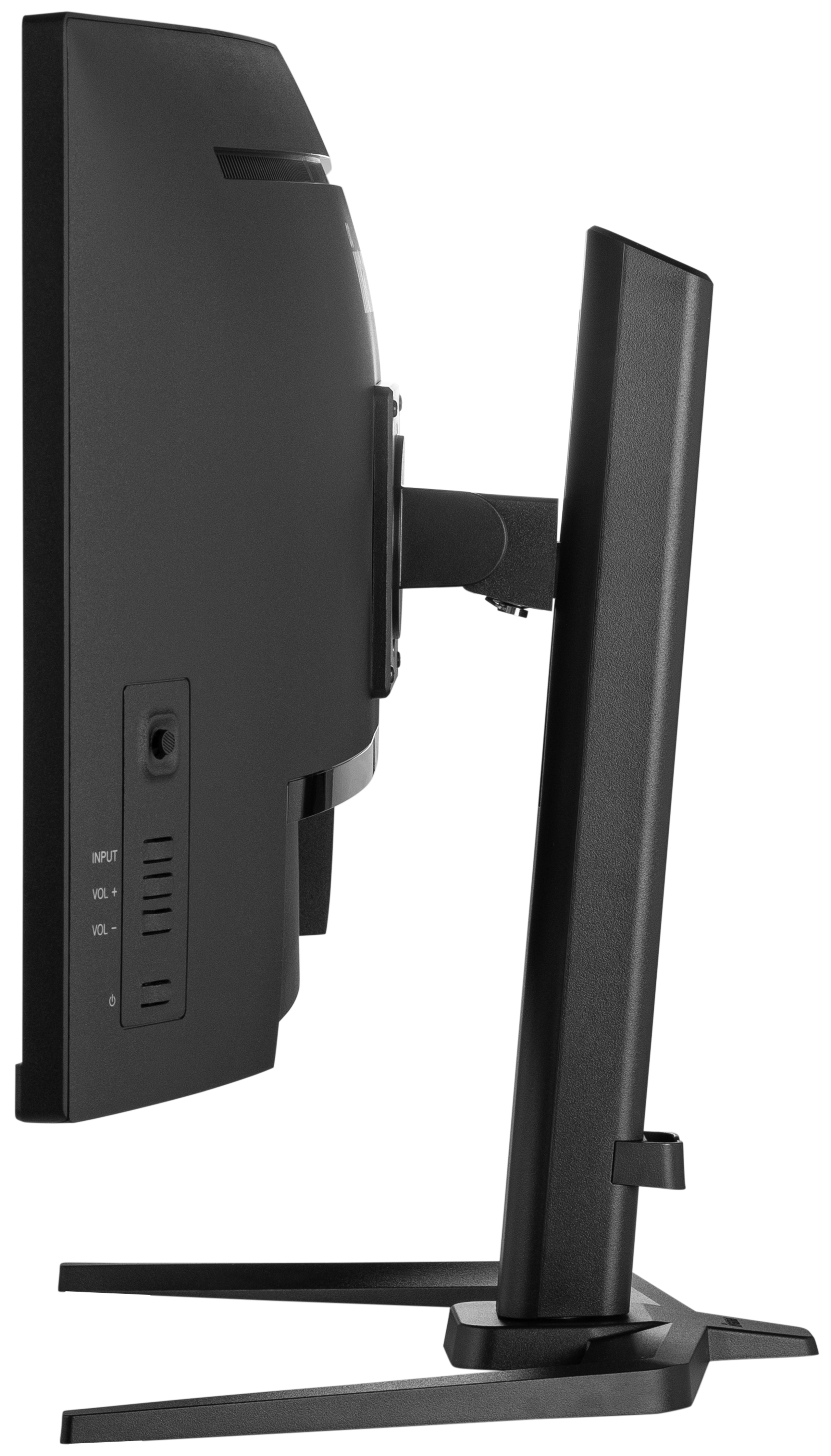 Widok z boku czarnego monitora z przyciskami wejścia/głośności i podstawką.