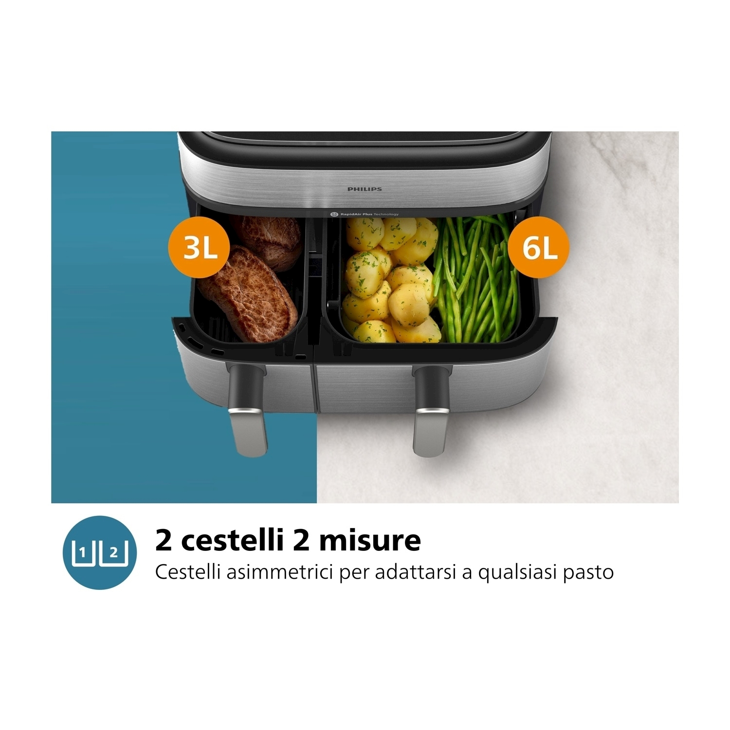 Friggitrice ad aria a doppia zona con bistecca e verdure, con testo in italiano.