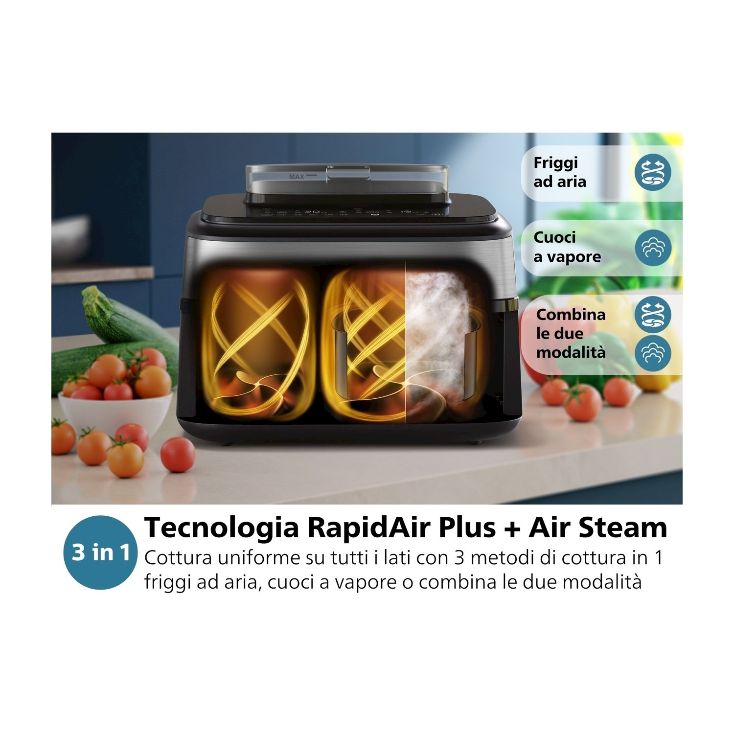Friggitrice ad aria 3 in 1 con cibo all'interno. Ha pulsanti e testo in italiano.
