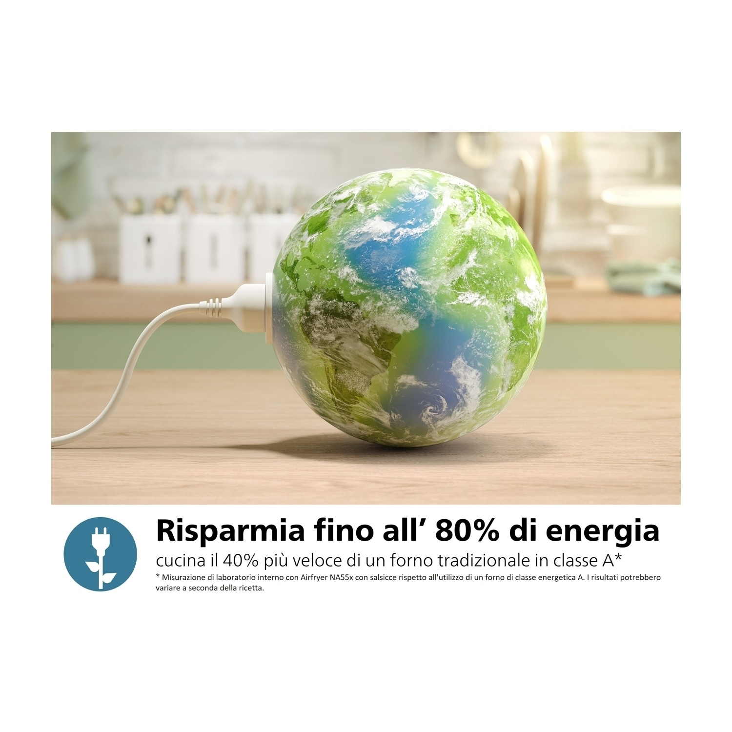 Globo terrestre collegato a un tavolo di legno, risparmiando energia.