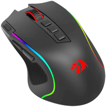 Fekete gamer egér RGB világítással az oldalán és piros sárkány logóval.