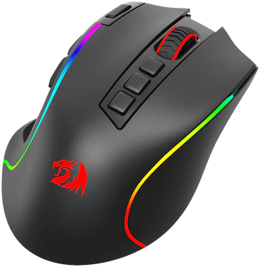 Egy fekete gamer egér RGB világítással a szélein és piros logóval.